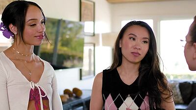 Hot lesbian Alexis Tae teaching a petite small titted asian teen Kimmy Kim