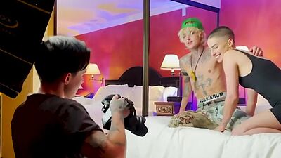 TS tattooed man enjoys shooting n cuddling with pierced babe