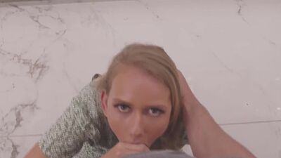 Jasmine Daze on her knees making stepson feel better