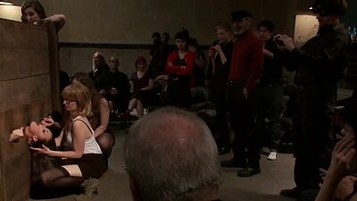 Lesbian group fucking slave in public