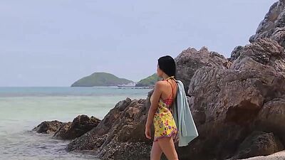 Petite big tits Asian teen Kahlisa sucking banana after hot striptease