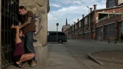 Busty little Euro slave public banged