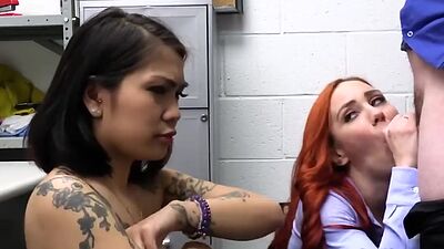 Asian suspect and milf guard sharing dick at the office