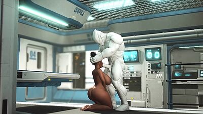 A sexy young busty ebony has hard anal sex with sex robot in the medbay