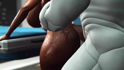 A sexy young busty ebony has hard anal sex with sex robot in the medbay