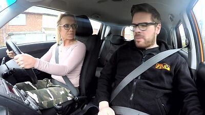 Busty BJ MILF fucked outdoor in car by driving instructor