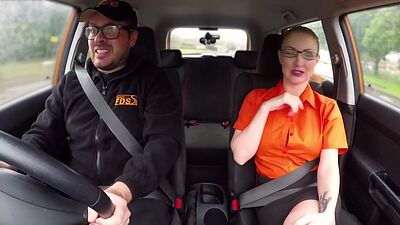 Busty BJ MILF fucks outdoor in car her driving student