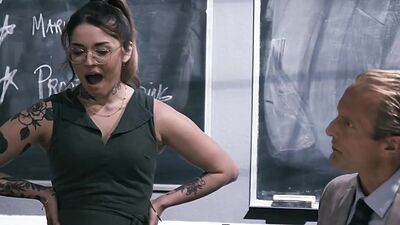 Tattooed babe licked by and fucking her old teacher