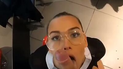Public Blowjob in a Clothing Store with Glasses Swallows Cum Luxury Girl