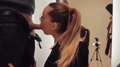 Public Blowjob in a Clothing Store with Glasses Swallows Cum Luxury Girl