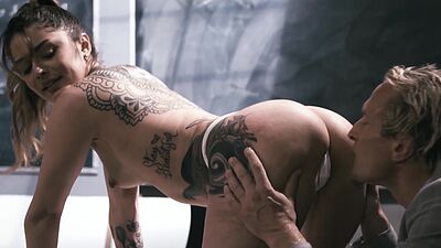 Kinky tattooed small tits teen Vanessa Vega deepthroated by bad teacher