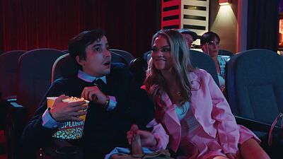 Petite small boobs gf is bored and sucks bfs dick in cinema