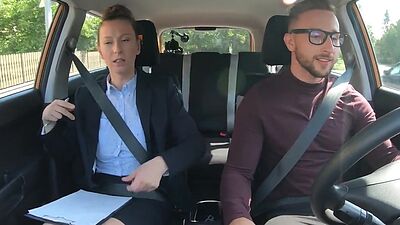 Busty MILF fucked outdoor in the car by driving student