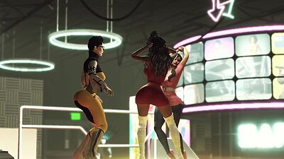 Cyber disco sex. A sexy nerdy girl in cuffs gets fucked by a disco man