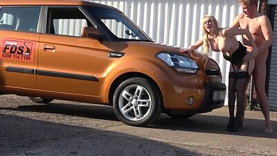 Busty fakeboobs MILFY public fucked in car outdoor by hubby