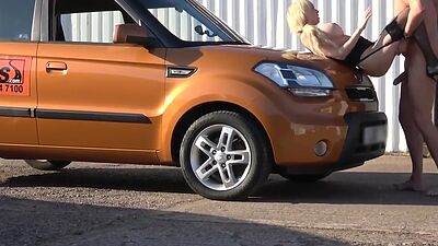 Busty fakeboobs MILFY public fucked in car outdoor by hubby