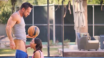 Passionate basketball match and sloppy blowjob by petite small tits MILF