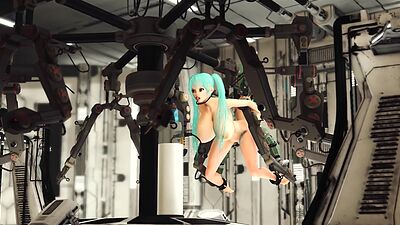 Space busty girl in cuffs gets fucked hard by sex robot in the lab