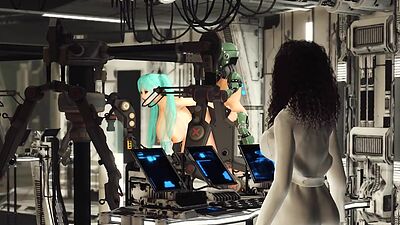 Space busty girl in cuffs gets fucked hard by sex robot in the lab