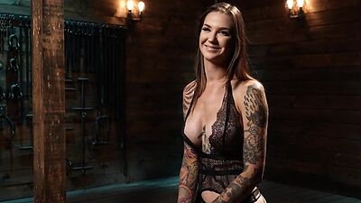 Tattooed BDSM babe fingered and Hitachi toyed by CMNF master