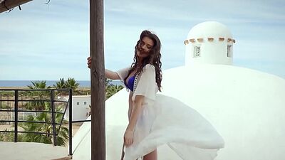 Beautiful brunette MILF Muirina Fae showing nice body in sexy blue lingerie