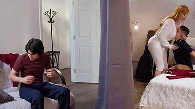 Busty redhead stepmommy 3some taboo drilled by stepsons