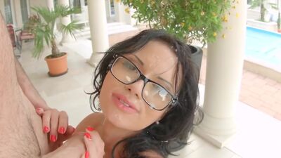 Hot raven haired babe in glasses loves anal action before sucking it clean