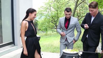 Eveline Dellai gets a deep double penetration at her BBQ party