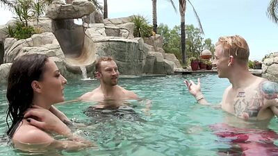 Super HOT bisexual threesome by the pool with 2 guys and 1 girl!