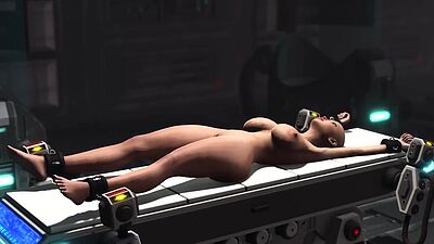 Sci-fi male sex cyborg plays with sexy young hottie in restraints in lab
