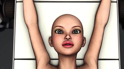 Sci-fi male sex cyborg plays with sexy young hottie in restraints in lab