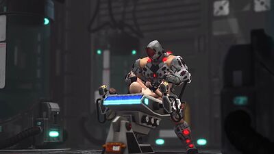 Sci-fi male sex cyborg plays with sexy young hottie in restraints in lab