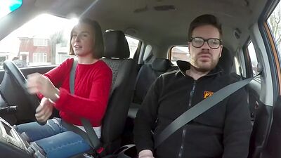 Big titted brunette fucked by instructor in the car in POV