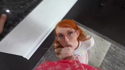 Cherry Fae on her knees sucking stepbros big cock