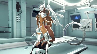 Sex android futanari plays with a sexy blonde in the sci-fi med bay
