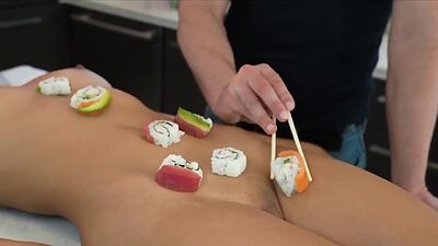 Naked sushi ends with hot fuck in the kitchen