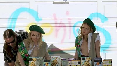 Cute chicks selling their cookies on the street and if you buy enough you can have their pussies