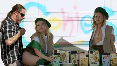 Cute chicks selling their cookies on the street and if you buy enough you can have their pussies