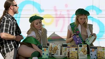 Cute chicks selling their cookies on the street and if you buy enough you can have their pussies