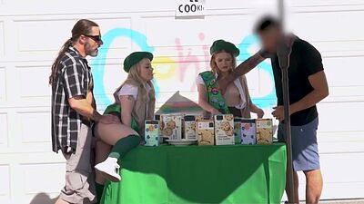 Cute chicks selling their cookies on the street and if you buy enough you can have their pussies