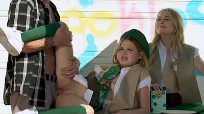 Cute chicks selling their cookies on the street and if you buy enough you can have their pussies