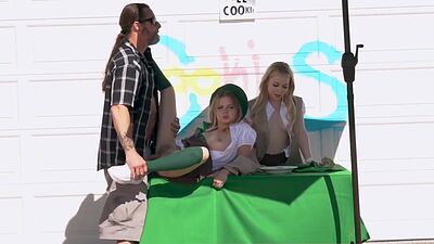 Cute chicks selling their cookies on the street and if you buy enough you can have their pussies