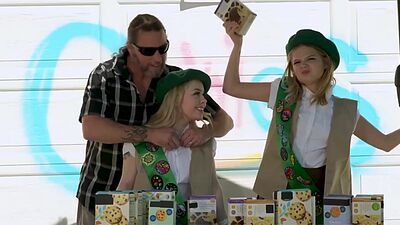 Cute chicks selling their cookies on the street and if you buy enough you can have their pussies