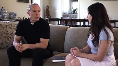 Petite brunette deepthroats and anal rides her priests dick