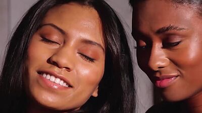 Sexy black teen Jahla posed with hot small tits lesbian teen Fatima Kojima