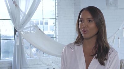 Hot blonde artist Rachel Harris painting on an ebony babes big boobs