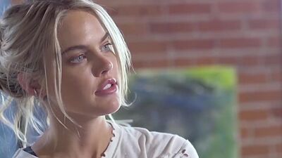 Hot blonde artist Rachel Harris painting on an ebony babes big boobs