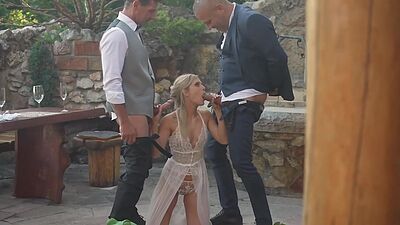 Petite bride gives sucking cock and is dped by husband and waiter
