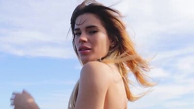 Bombastic brunette Spanish Lorena Hidalgo stripping and posing on rocks