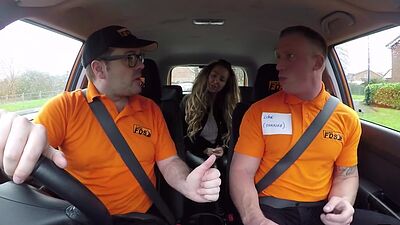 MILF big titted driver doggy styled by instructor in car